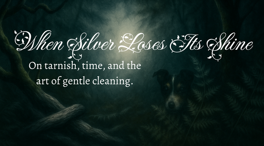 Dark green woodland background with the words 'When Silver Loses It's Shine - On tarnish, time and the art of gentle cleaning' in silver text.