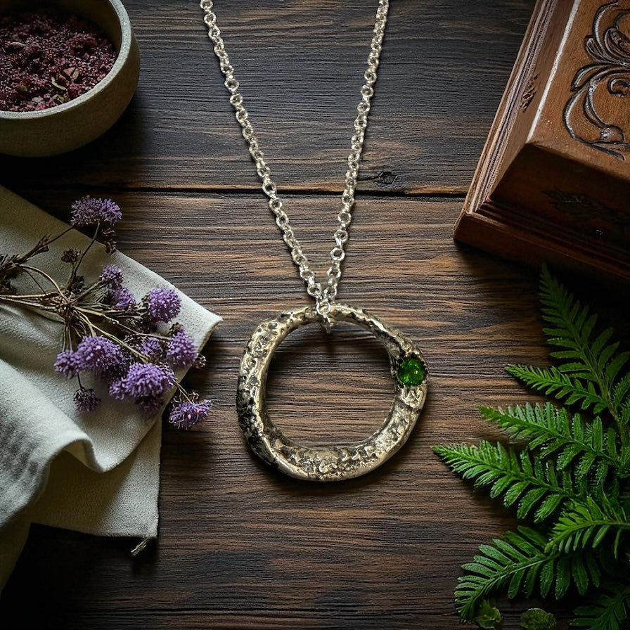 Necklace with a circular pendant on a wooden surface with plants and a book.