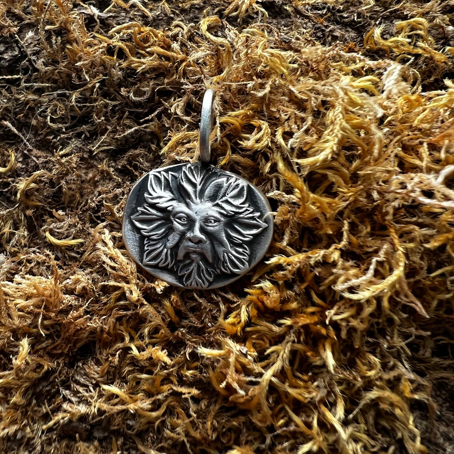 Green Man Medallion, Necklace, Small Dog Silver