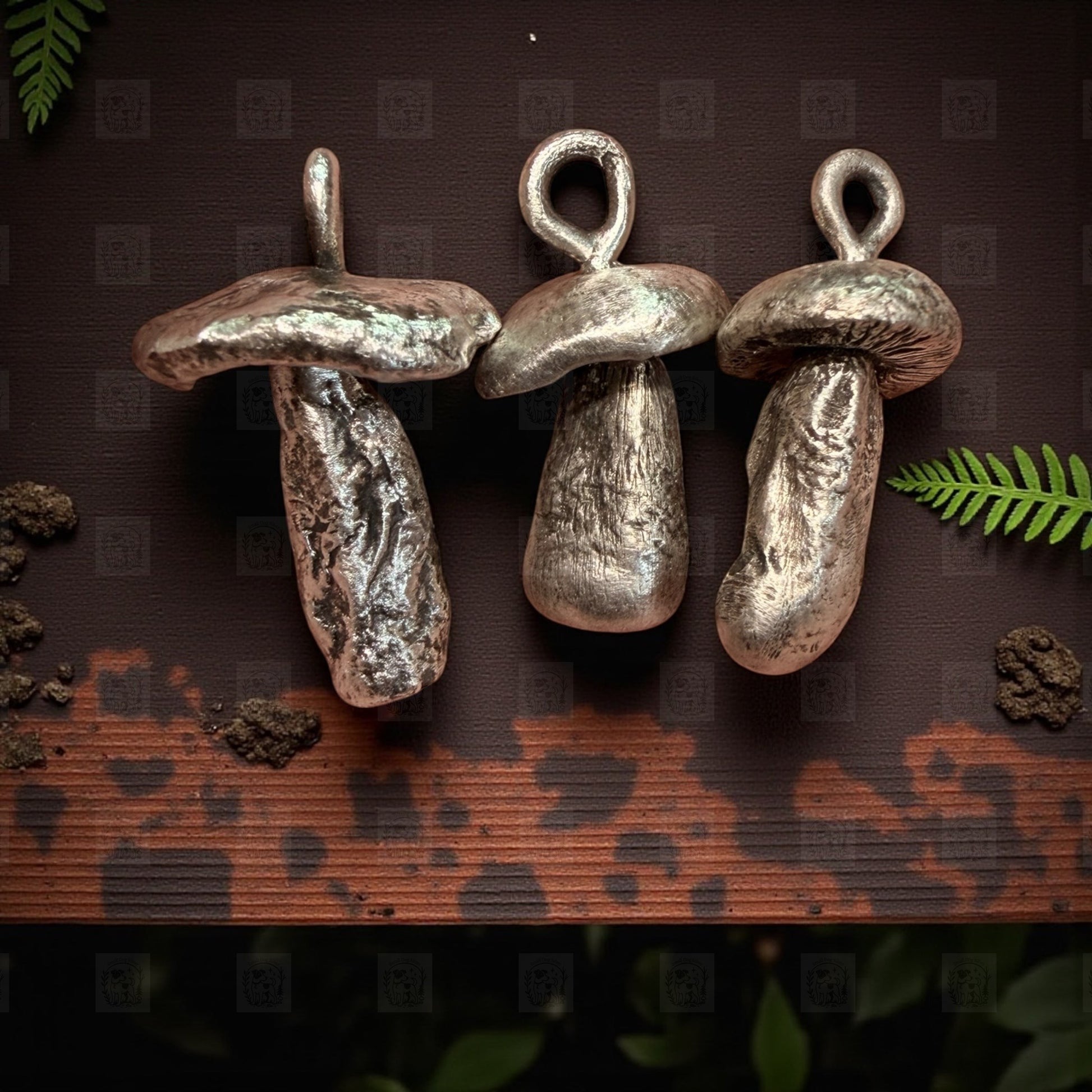 Three silver  mushroom-shaped pendants on a dark brown surface with green leaves.
