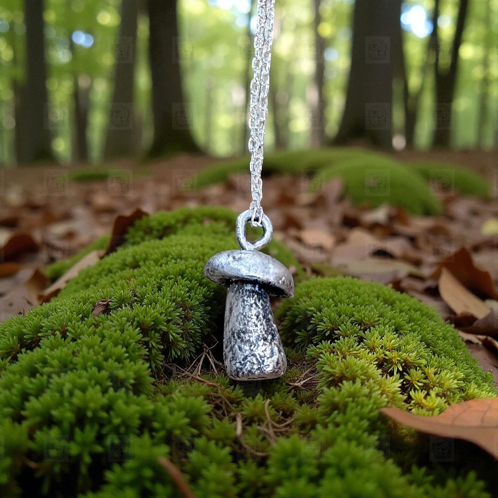 Silver mushroom-shaped pendant on a chain hanging over green moss in a forest setting.