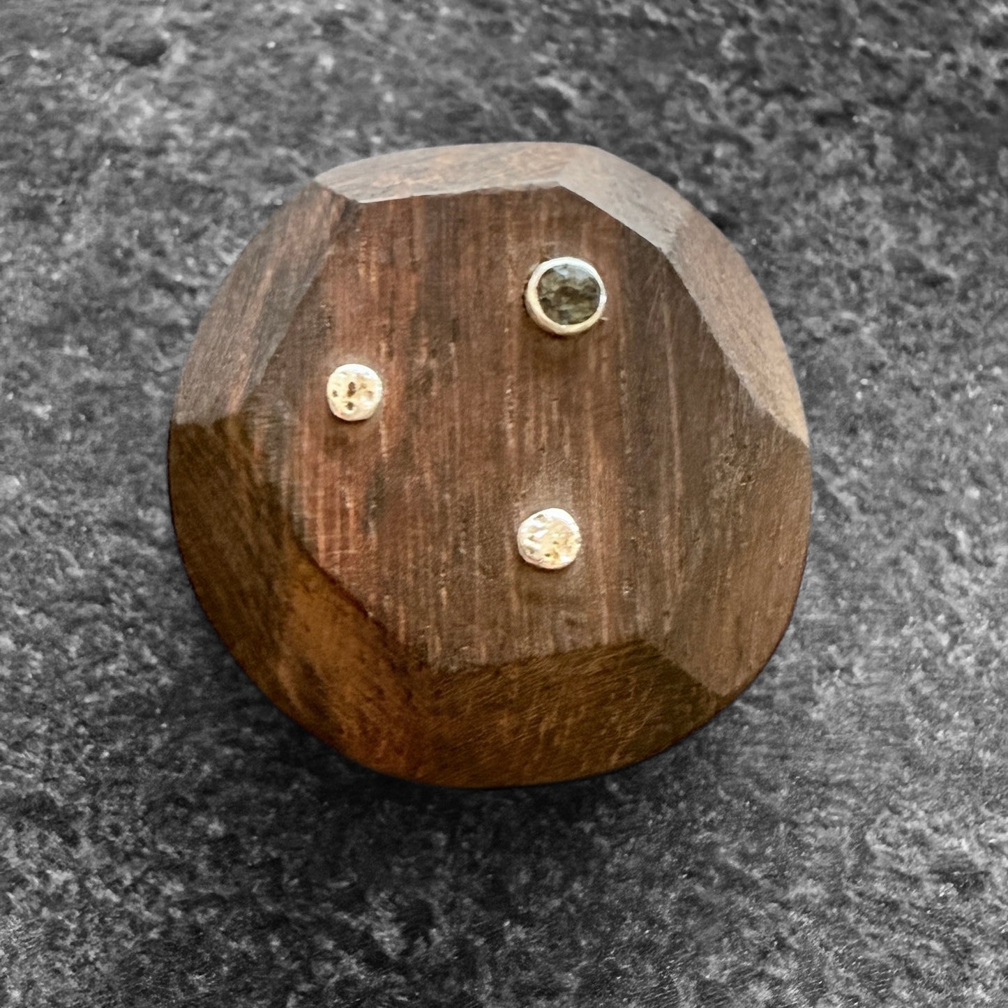 Wooden Brooch with silver and sapphire studs
