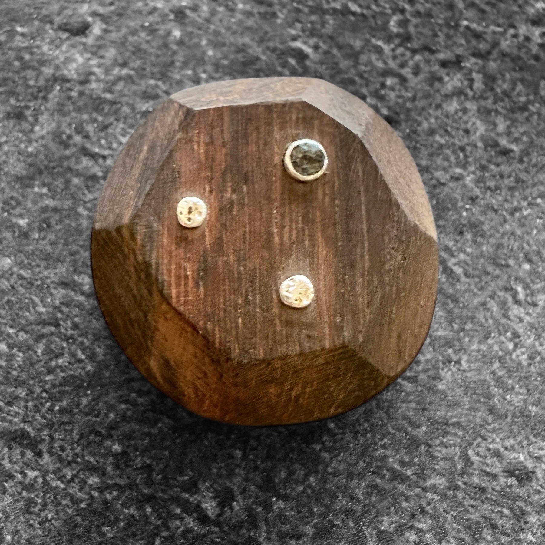 Wooden Brooch with silver and sapphire studs