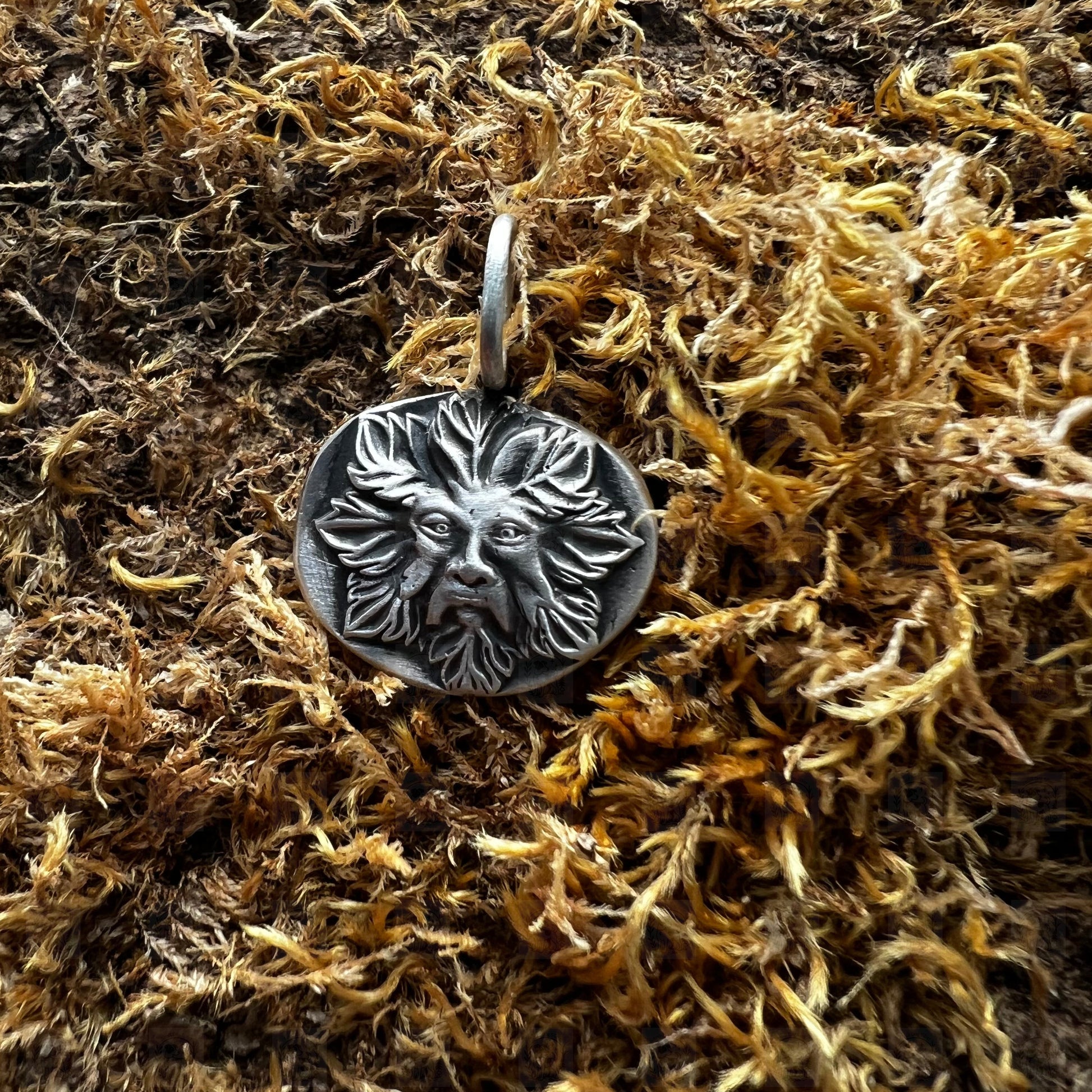 Green Man Medallion, Necklace, Small Dog Silver