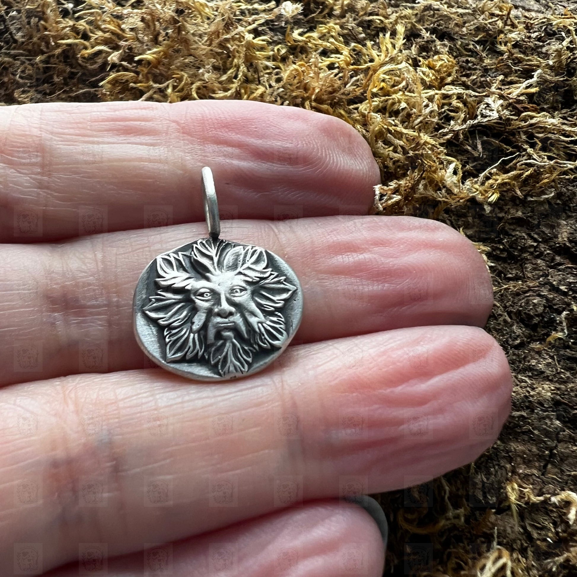 Green Man Medallion, Necklace, Small Dog Silver